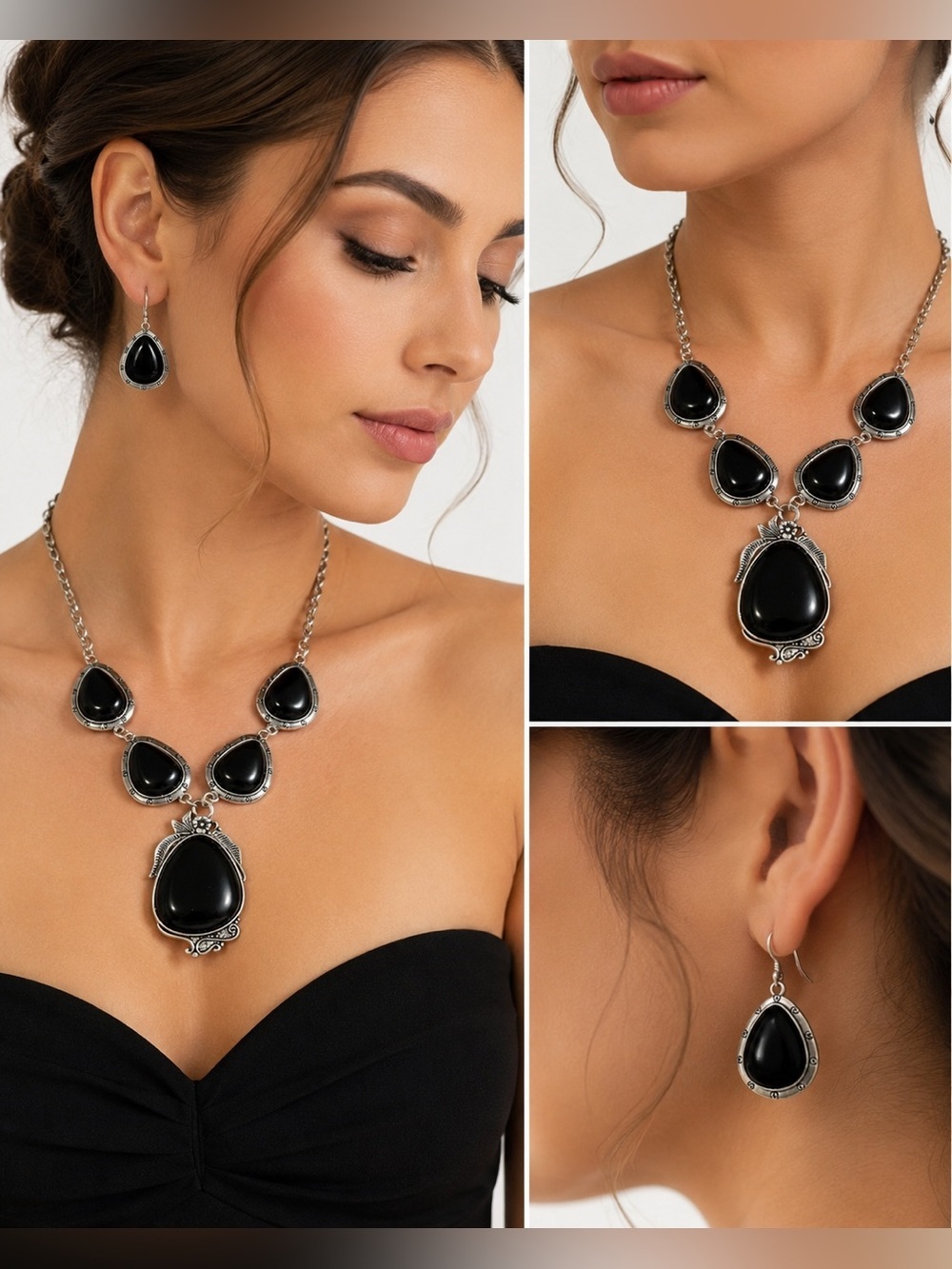 Rosemarie Collections Western Black Howlite Statement Necklace & Earrings Set